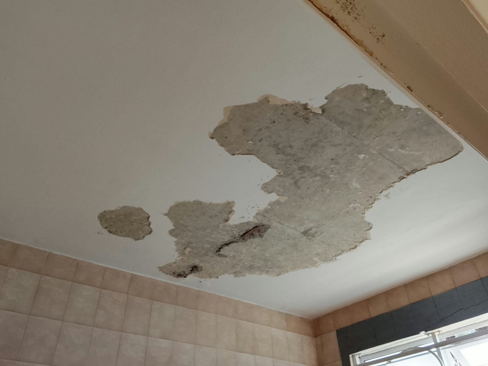 Ceiling plaster repair in progress